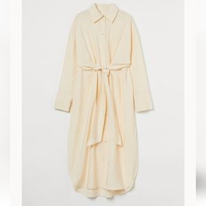 H&M Cream Long-Sleeve Button-Front Shirt Dress with Tie Waist